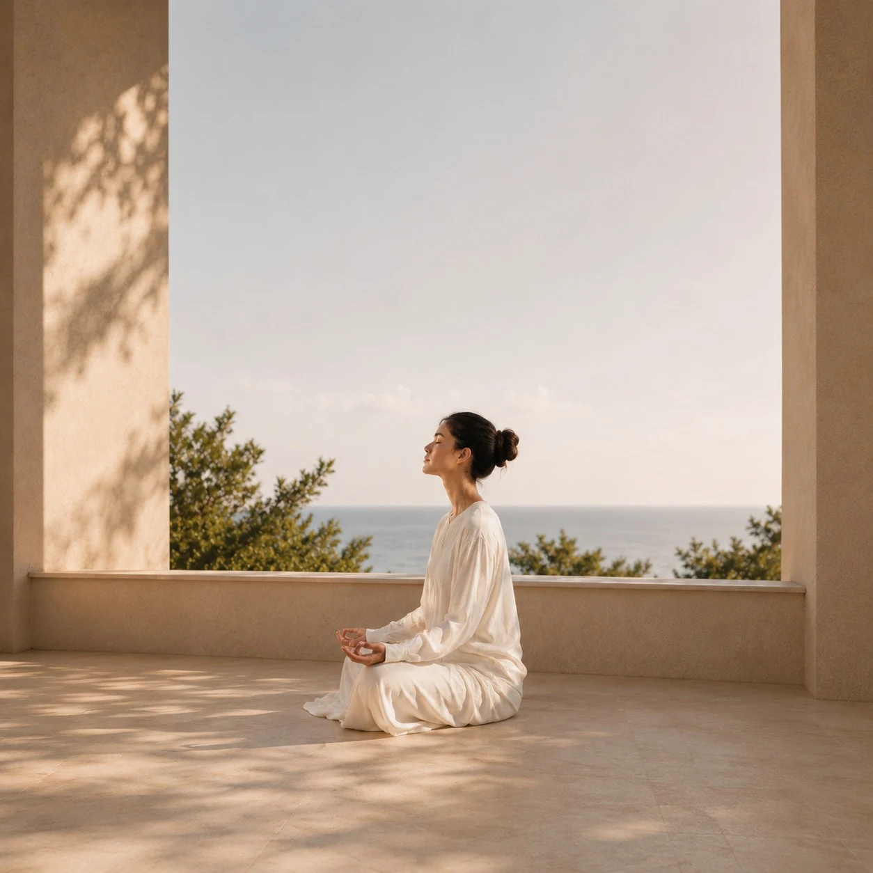 A member seated in quiet meditation, facing the sea