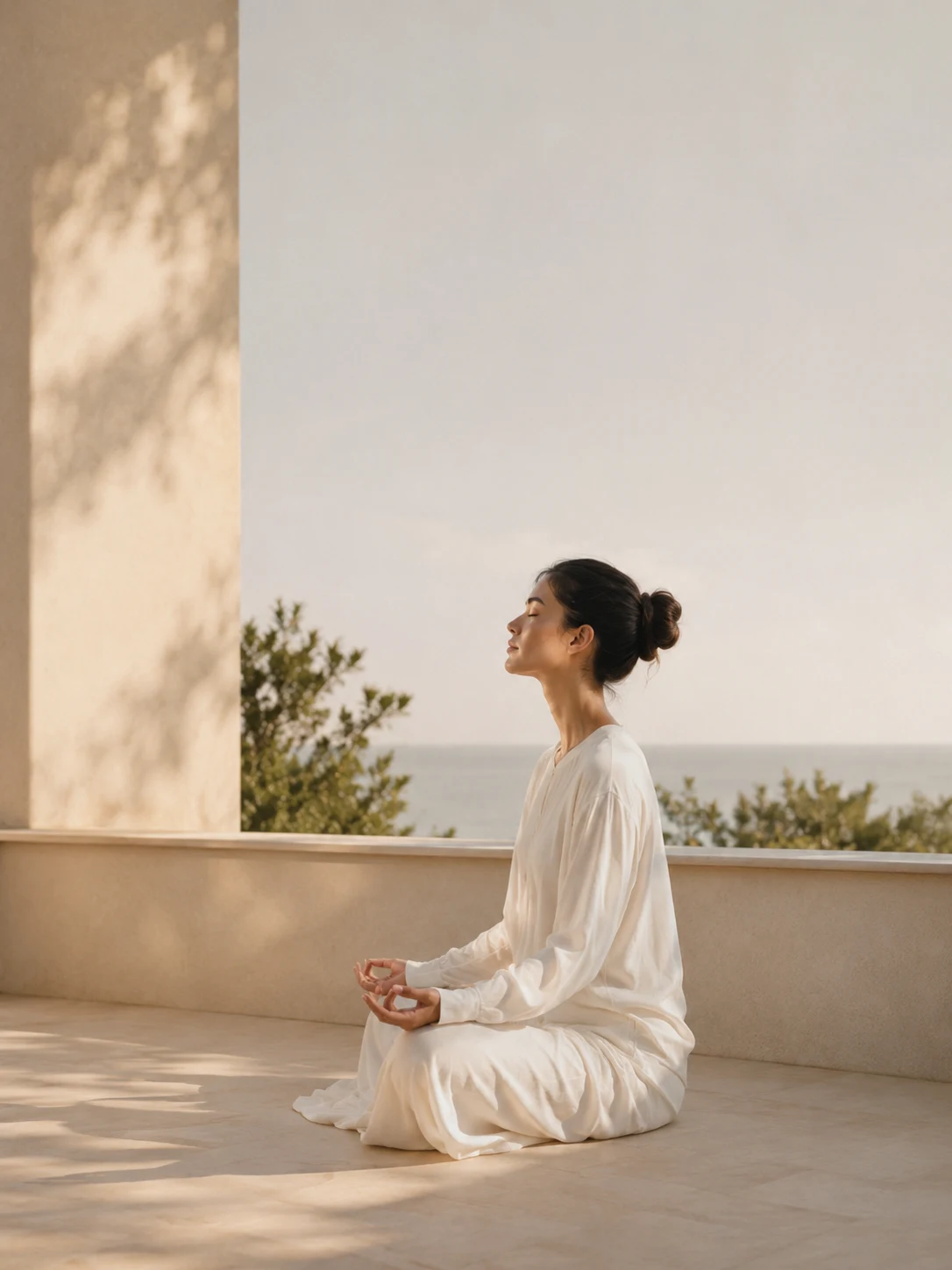 A member seated in quiet meditation, facing the sea